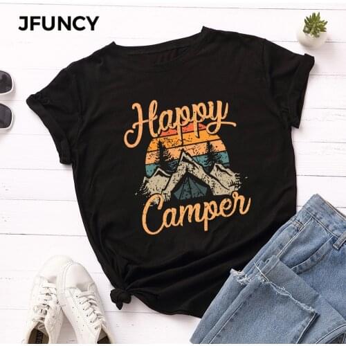 JFUNCY Plus Size Summer T-shirt Women Cotton T Shirt Happy Camper Printed Tshirt Short Sleeve Loose Mom Tops Female Tee Shirt