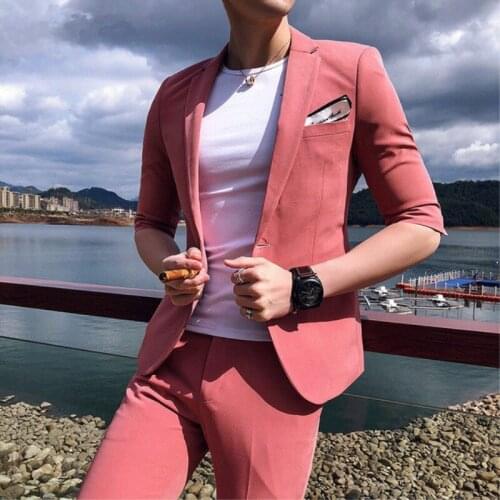 Costume Homme Summer Short Sleeve Terno Masculino Men Suit 2Pieces(Jacket+Pant+Tie) Terno Tuxdeo Men Suits For Wedding Blazer