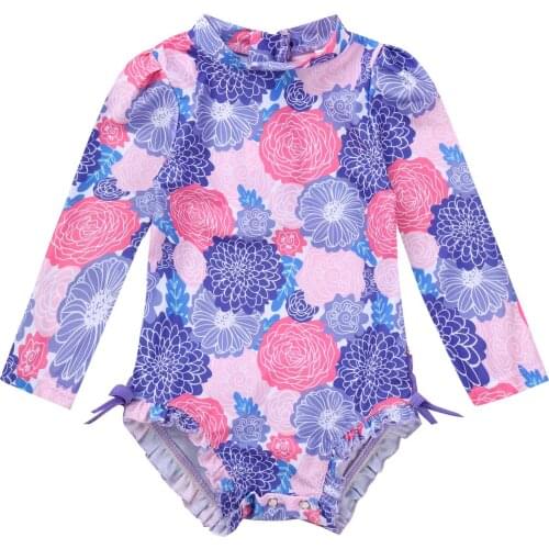Infant Girls Swimwear UPF50 Baby Swimsuit One Piece Little Girl Bathing Suit Floral Print Long Sleeves Rash Guard Swimming Suit