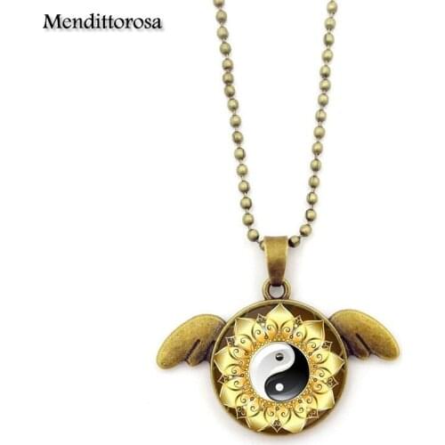 Mendittorosa Yin Yang Fish Taiji Jewelry Glass Cabochon Bronze Angel Wings Pendant Choker Neckalce For Women Gift