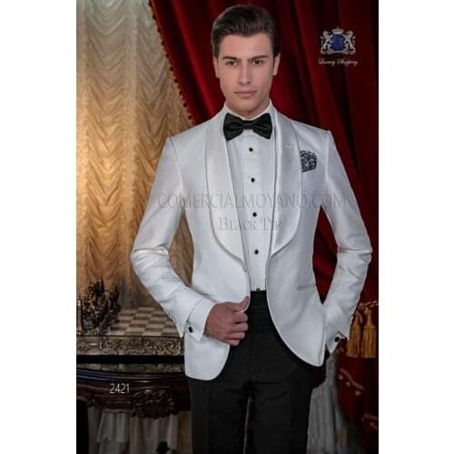 Fashionable One Button Ivory Groom Tuxedos Shawl Lapel Groomsmen Men Blazers Suits (Jacket+Pants+Tie) NO:376