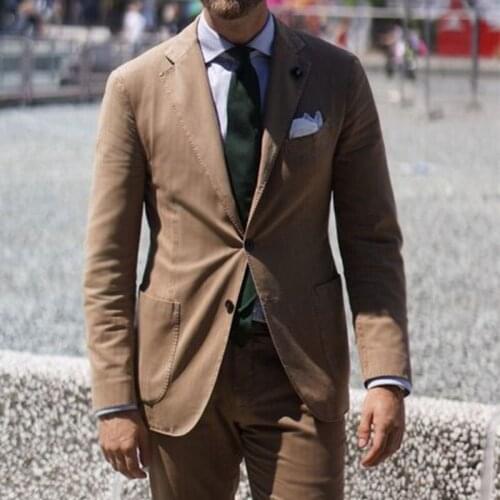 ANNIEBRITNEY Brown 2 Piece Men Slim Fit Business Linen Summer Suit 2020 Summer Groom Wedding Tuxedo Tailor Made Casual Men Suit