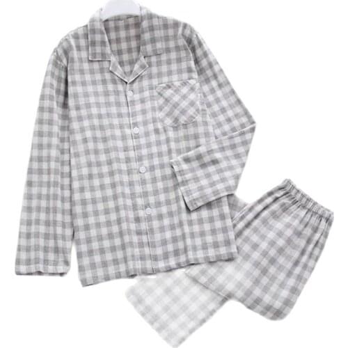 100% Cotton Long-sleeved Gauze Couple Pajamas Summer Plaid Pijama Loungewear Women and Men Pyjamas Sleep Wear Set Home Clothes