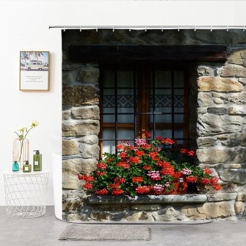 Retro Nostalgic Shower Curtains Red Flowers Wooden Windows In Stone Wall Hook Bathroom Curtain Old Style Home Decor Wall Cloth