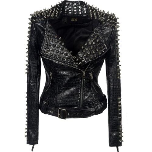 SX Occident Fashion women Club hot style Stud slim fit jacket shoulder rivets zip stitching short PU leather rock coat Y286
