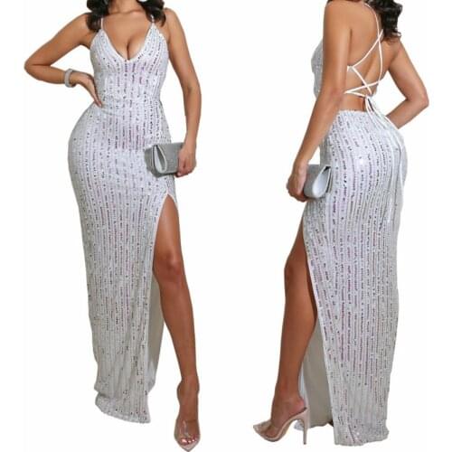 Spaghetti Strap backless dress v-neck sequined evening party dress Prom Gown banquet maxi long dress ladies fashion club wear