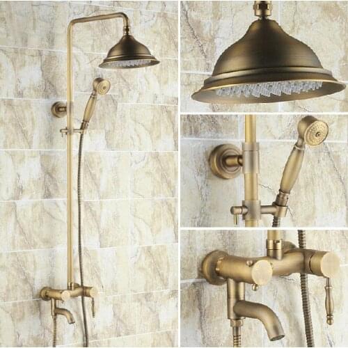 Vintage Retro Antique Brass Single Handle Bathroom 8.2 Inch Round Rain Shower Faucet Set Bath Tub Mixer Tap Hand Shower mrs150