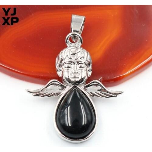 YJXP Classic Silver Plated Water Drop Black Agates Cute Angel Pendant For Gift Jewelry