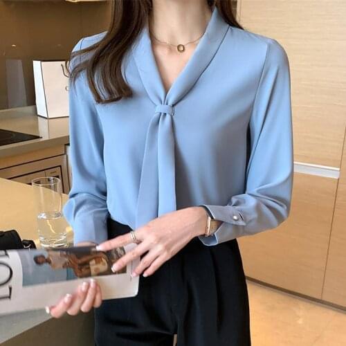 2021 Spring Clothing Top Womens White Chiffon Shirt V-neck Shirt Long Sleeve Womens Shirt Blouse Women Blusas Ropa De Mujer