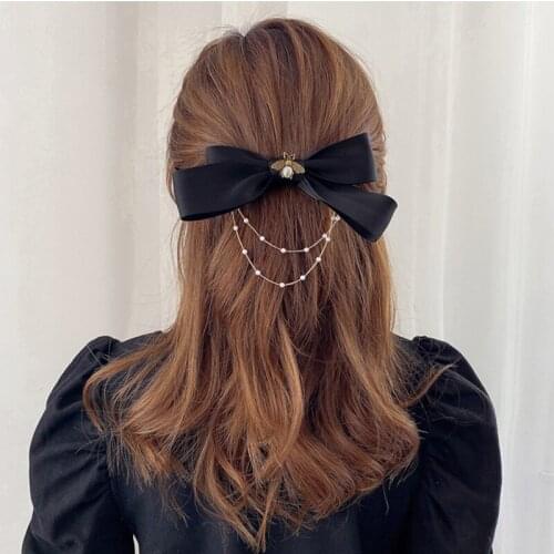 New Bow Pearls Chain Barrettes Hairpins For Women Rhinestone Spring Hair Clips Ribbon Headband Ponytail Hair Accessories