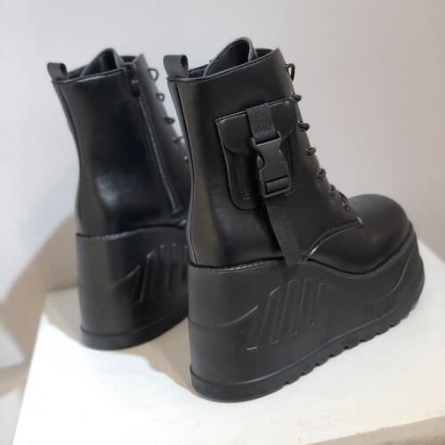 Plus size 41 42 43 Women Platform Wedge Boots High Heels Fashion Womens Autumn Leather Wedges Shoes Black Ankle Boots Woman