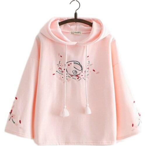 Merry Pretty Women Floral Embroidery Pink Hooded Sweatshirts 2019 Winter Flare Sleeve Plus Velvet Thick Hoodies Sweet Pullovers