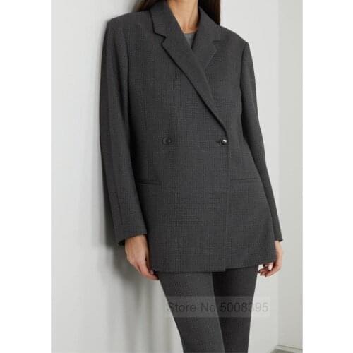 Woman Loreo slit Dark Grey Wool Checked Blazer Fashion Oversized Double Breasted Suit 2021 New