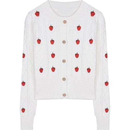 Autumn Winter Knitted Female Cardigan Loose sweet Knit Sweater Coat Fruit strawberry Print V Neck knitted cardigan Women Jacket