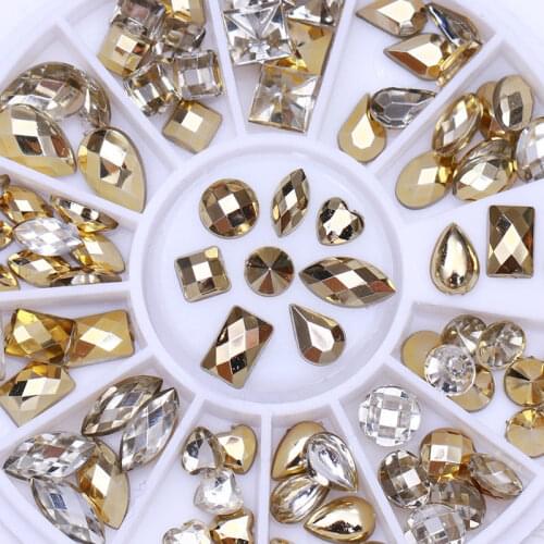 1 Box AB Stones Nail Art Decorations Crystals Mixed Size 3D DIY Studs Golden Glitter UV Gel Nial Rhinestone Gems in Wheel