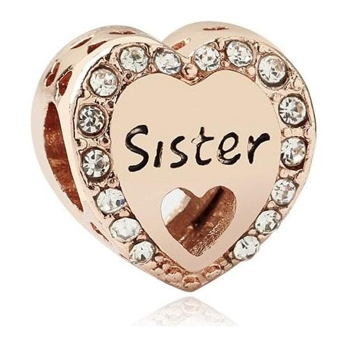 5PCS Fit Original Charm Bracelet New Rose Gold Crystal Heart Shape Sister Pendant Alloy Loose Bead DIY Jewelry Making Berloque