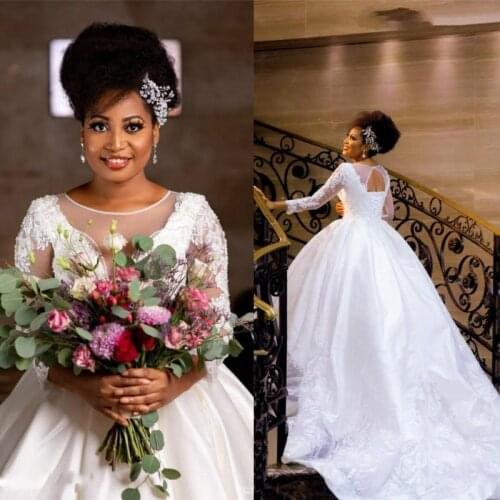 African Ball Gown Wedding Dresses Beaded Long Sleeevs Crystals Pearls Plus Size Saudi Arabian Dubai Bridal Dresses