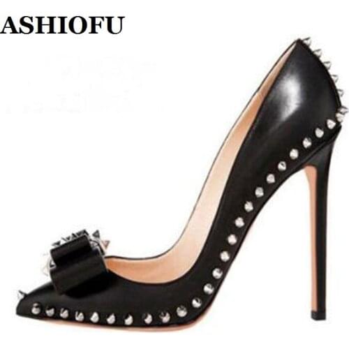ASHIOFU Handmade Ladies High Heels Pumps Metal Rivets Spikes Bowtie Party Dress Shoes Stiletto Evening Fashion Pumps Court Shoes