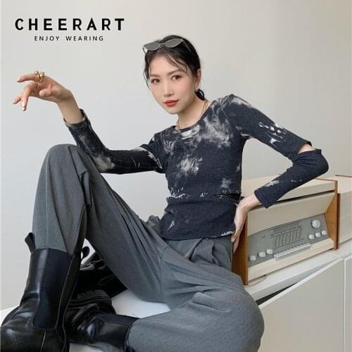 CHEERART Walf Checks Tie Dye Crewneck Long Sleeve Top Women TShirt Asymmetrical Top Black Designer T Shirt 2021 Fashion