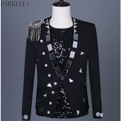 Black Punk Stage Blazer Men Shiny Glitter Sequin Mens Suit Jacket Single Button Party Dance Singer Costume Blazer Masculino 3XL