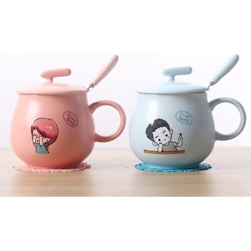 New product creative boy girl couple mug ceramic coffee cup with lid spoon big belly cup office home tea cup gift for girlfriend