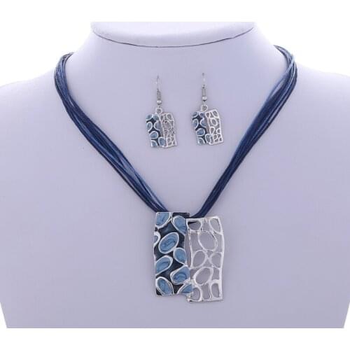 MINHIN Exaggerated Hollow Design Pendant Jewelry Set Geometry Leather Rope Choker Necklace Statement Earring Set