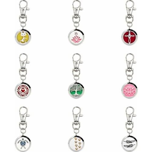 Lotus Flower 25mm 316L Stainless Steel Keychain Diffuser Locket Essential Oil Perfume Keyrings Key Chain With 10pcs Pads Gift