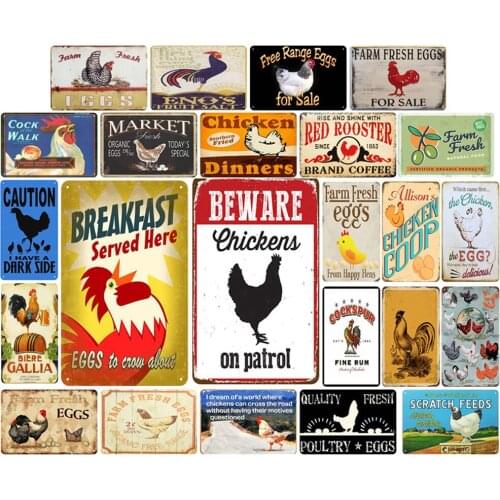 Vintage Metal Plate BEWARE CHICKENS ON PATROL! & FARM FRESH EGGS Quality Cock for Farmhouse Decor Shabby Chic Wood Sign Tintin