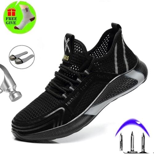 Anti-smash and anti-puncture safety shoes Mens flying woven breathable safety shoes Wear-resistant work shoes