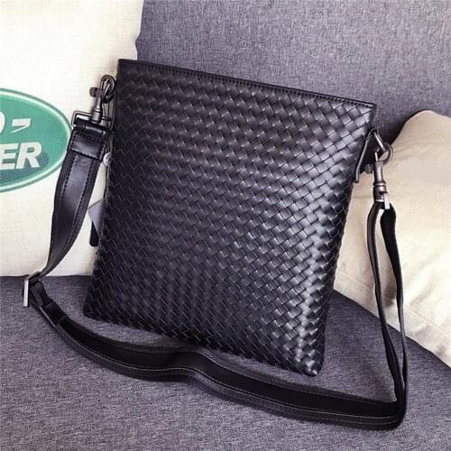 Men' s Vertical Business Bag Single Shoulder Bag Genuine Cowhide Leather Handmade Woven Bag for iPad Cash Card Phone Car Key