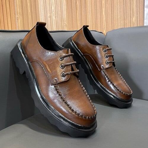 Yomior New British Thick Bottom Men Casual Shoes Formal Dress Leather Shoes Business Wedding Loafers Oxfords Lace-up Wedge