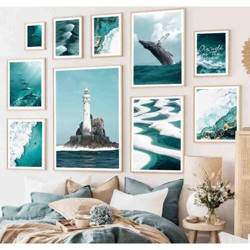 Blue Ocean Waves Whale Reef Lighthouse Wall Art Canvas Painting Nordic Posters And Prints Wall Pictures For Living Room Decor