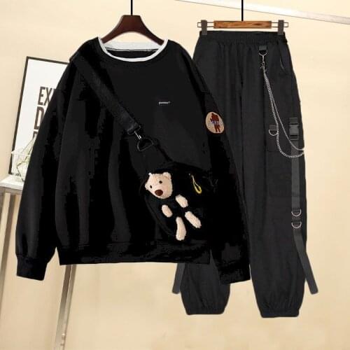 Autumn New Male and Female Students with The Same Suit Korean Version of The Loose Cartoon Sweatshirt + Overalls Two-piece Suit