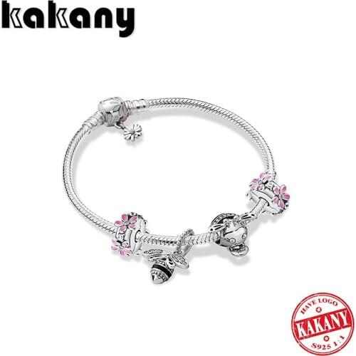 New Stunning My Heart 925 Silver ZT0579 Bracelet Set Cute Pink Daisy Flower Clip Sparkling Queen Hive Charm Jewelry Gift