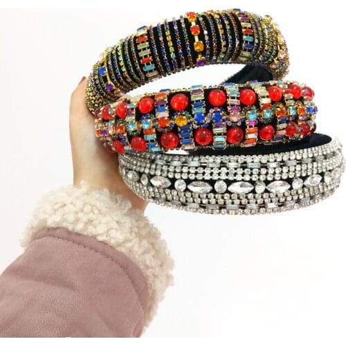 Baroque Full Crystal Hair Bands For Women Colorful Shiny Padded Diamond Headband Hair Hoop Retro Fashion Hair Accessories