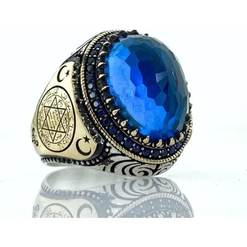 Safir Mavi Topaz Taş Süleyman Mührü Davut Yıldızı Gümüş Yüzük