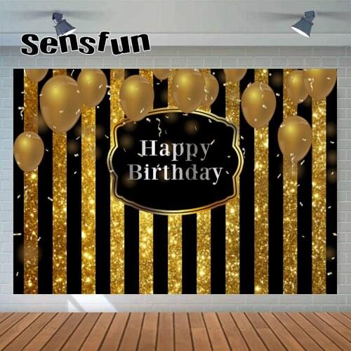 Sensfun Black Gold Glitter Stripes Balloons Backdrop For Photography Adult Girl Woman Background Photo Studio Custom Photocall