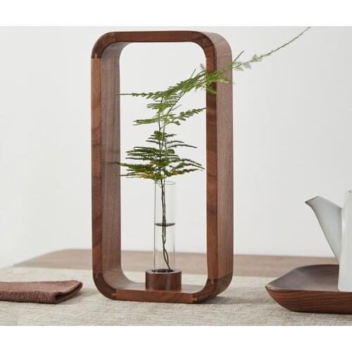 Nordic Handmade Solid Tabletop Wood Vase Hydroponic Flower Plant Pot Bonsai Glass Bottle Home Entrance Bar Restaurant Decor