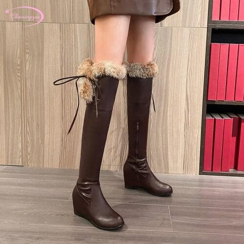 Party style warm winter plus over knee high boots lace-up zipper black white brown increasing high heels womens riding boots