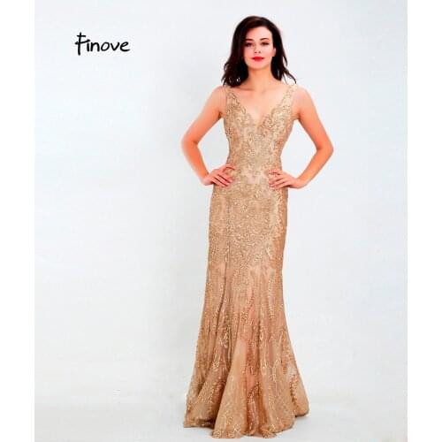 Finove Evening Dress Long 2020 Shining Golden Sequined V Neck Floor Length Reflective Dress Woman Dress Party Gowns Plus Size