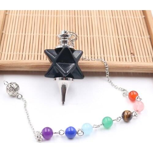 YJXP Ethnic Style Silver Plated Black Agates with 7 Stone Beads Chakra Chain Pendant Charm Jewelry