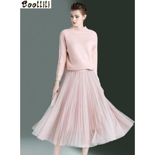 Boollili Two Piece Set Women Spring Autumn 2020 Vintage Elegant Sweater Tops Long Skirt Women Korean Pink Mesh Skirts Vestidos
