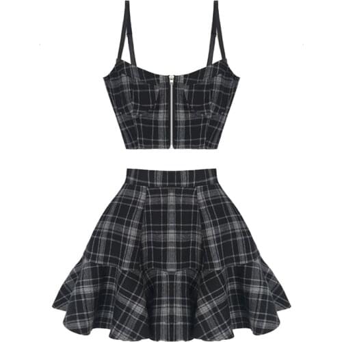 French Retro Crop Top Skirt 2pcs Set Spaghetti High Waist A-line Mini Skirt Girls Sweet Cute Sexy Plaid Two-piece Suit Summer