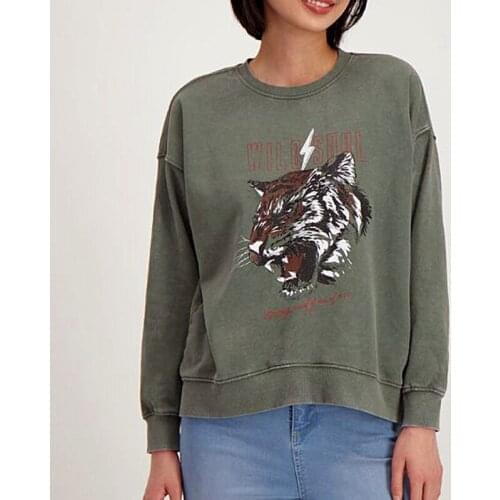 Vintage Green Roaring Tiger Animal Printed Sweatshirt Winter Clothes Women Hip Hop Streetwear 2021 New Korean Fashion Tops Mujer