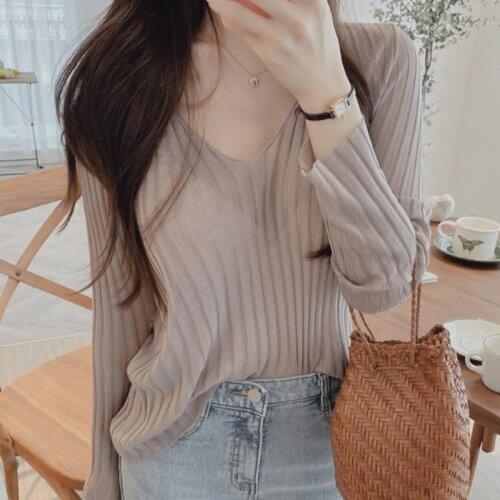Summer New Casual Thin Top Pull Femme v-Neck Korean Fashion Sueters De Mujer Basic Long Sleeve Pullover All Match Women Clothing