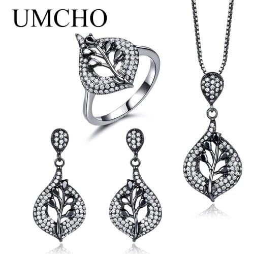 UMCHO Water Drop Black Spinel Gemstone Jewelry Set 925 Sterling Silver Earrings Rings Necklaces For Women Trendy Gift With Chain