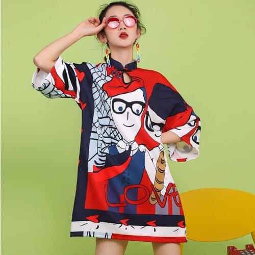 Fashion Print Chinese Dress Qipao 2021 Spring Women Three Quarter Sleeve Buckle Stand Collar Cheongsam A-Line Short Dress 31139