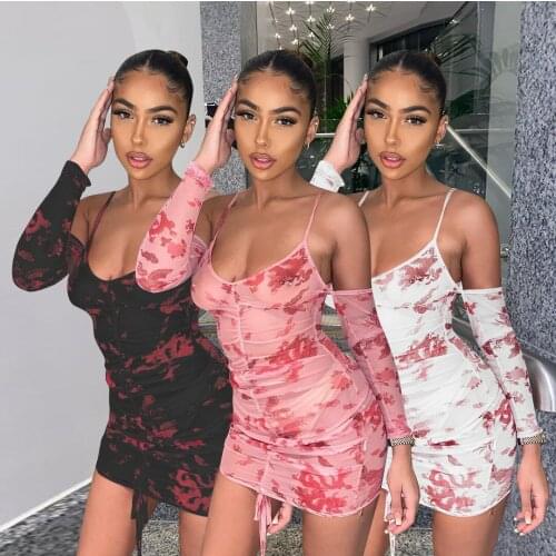 SKMY Harajuku Outfits For Women Mesh Drawstring Ruched Dragon Print Fashion Sexy Off The Shoulder Sling Dress Long Sleeve