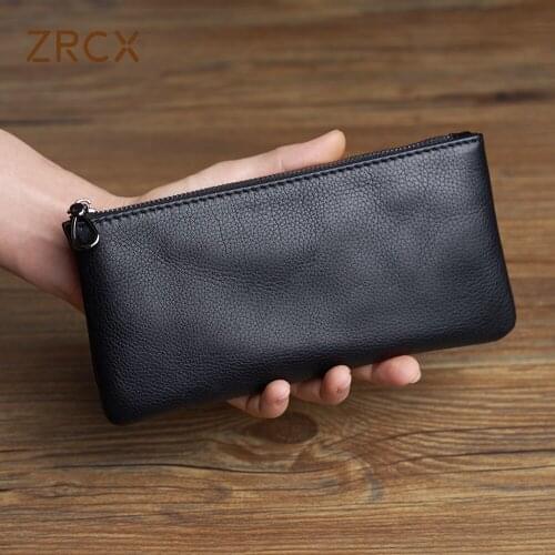 ZRCX Mens Genuine Leather Long Zipper Wallet First Layer Cowhide Youth Ultra-Thin Handbag Wallet Trendy Brand Simple Wallet