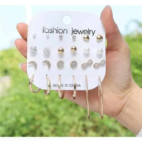 12Pairs/Set Crystal Ball Moon Infinie Pearl Earrings For Women Boho Fashion Jewelry 2020 Geometric Crystal Heart Stud Earrings
